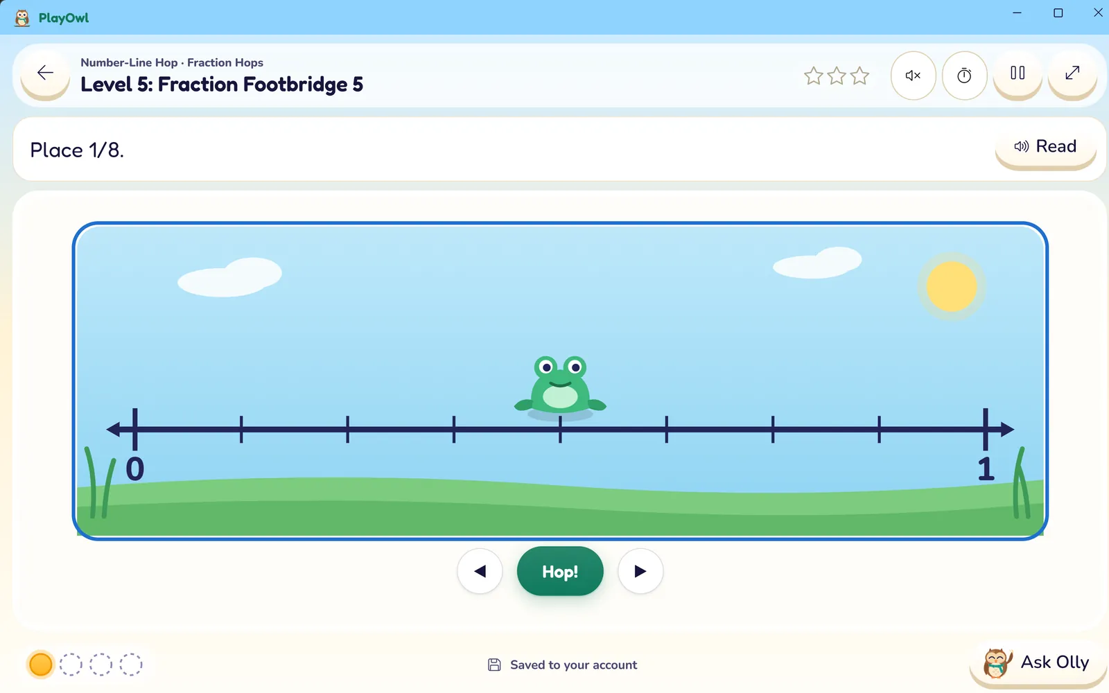PlayOwl for Windows playing Number-Line Hop, Level 5: Fraction Footbridge. The task says "Place 1/8" and a frog sits on a number line from 0 to 1 split into eighths, with Hop and arrow buttons, Read, Ask Olly and "Saved to your account".
