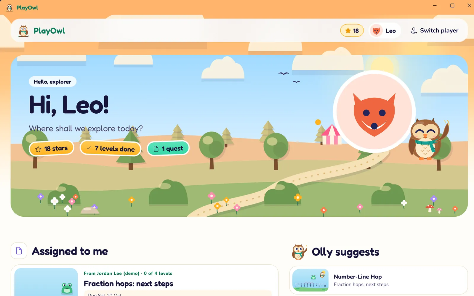PlayOwl for Windows showing Leo's home screen: "Hi, Leo! Where shall we explore today?" over a meadow scene with Olly, badges for 18 stars, 7 levels done and 1 quest, and below it Assigned to me and Olly suggests.