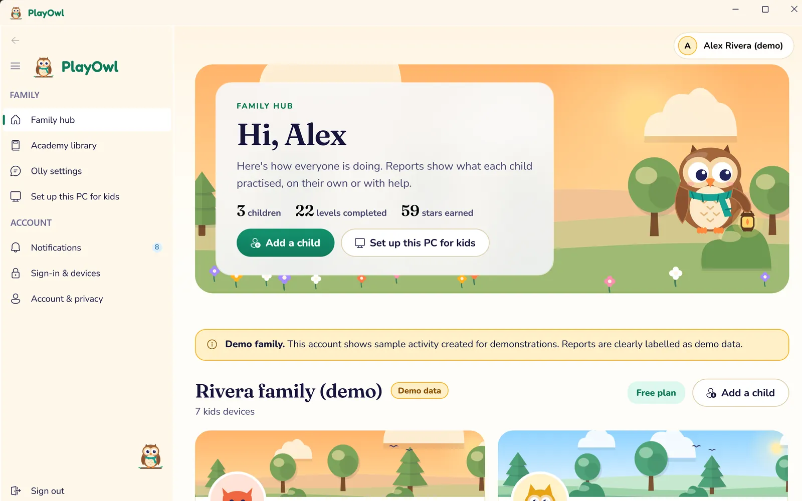 PlayOwl for Windows Family hub for a grown-up: "Hi, Alex" with 3 children, 22 levels completed and 59 stars earned, buttons to add a child and set up this PC for kids, a sidebar of family and account pages, and the Rivera family (demo) section.