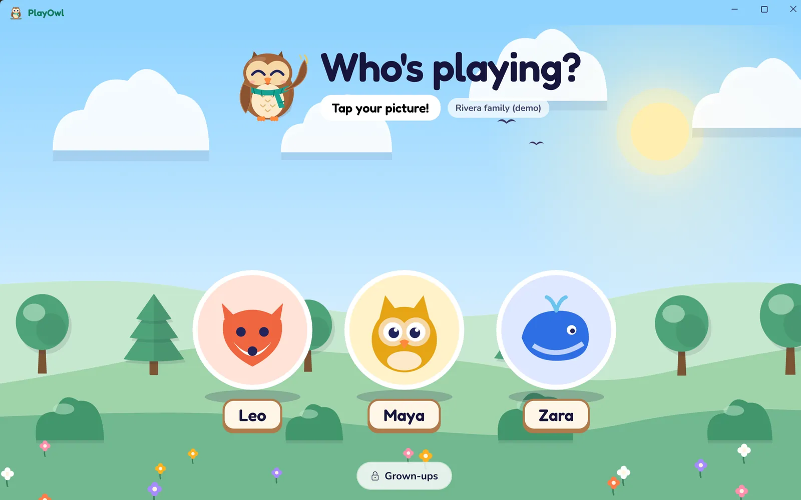 PlayOwl for Windows on a PC set up for kids: the "Who's playing?" screen with Olly waving and three picture buttons, Leo (fox), Maya (owl) and Zara (whale), plus a locked Grown-ups button.