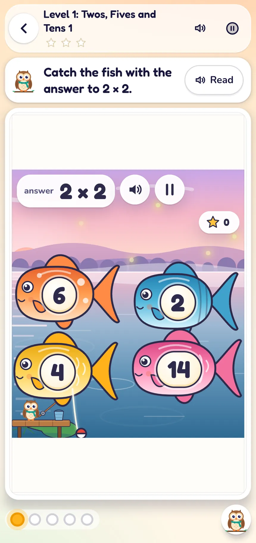 PlayOwl on an Android phone playing Glimmer Pond, Level 1: Twos, Fives and Tens. The task says "Catch the fish with the answer to 2 × 2" and Olly fishes from a dock at a twilight pond with fish numbered 6, 2, 4 and 14.