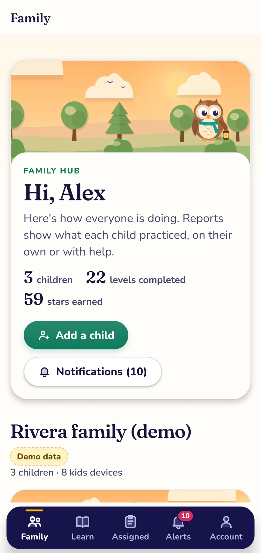 PlayOwl on an Android phone showing the grown-up Family hub: "Hi, Alex" with 3 children, 22 levels completed and 59 stars earned, Add a child and Notifications buttons, the Rivera family (demo) section, and a Family, Learn, Assigned, Alerts and Account tab bar.