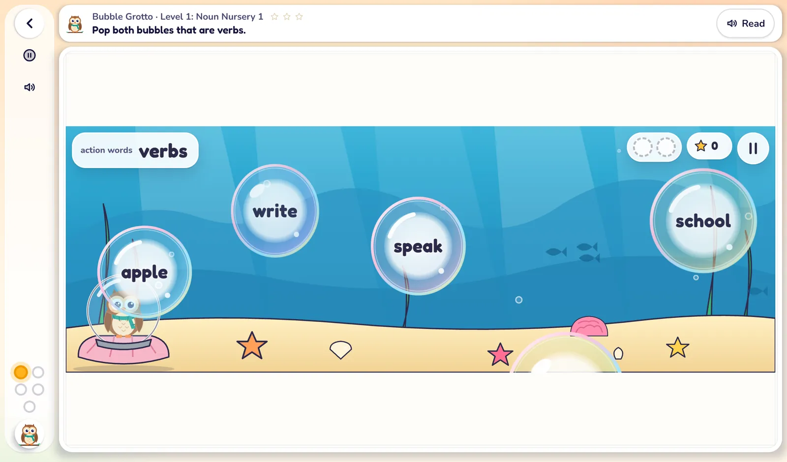 PlayOwl on an Android tablet in landscape playing Bubble Grotto, Level 1: Noun Nursery. The task says "Pop both bubbles that are verbs" and bubbles reading apple, write, speak and school float in an underwater grotto while Olly watches from a diving bell.