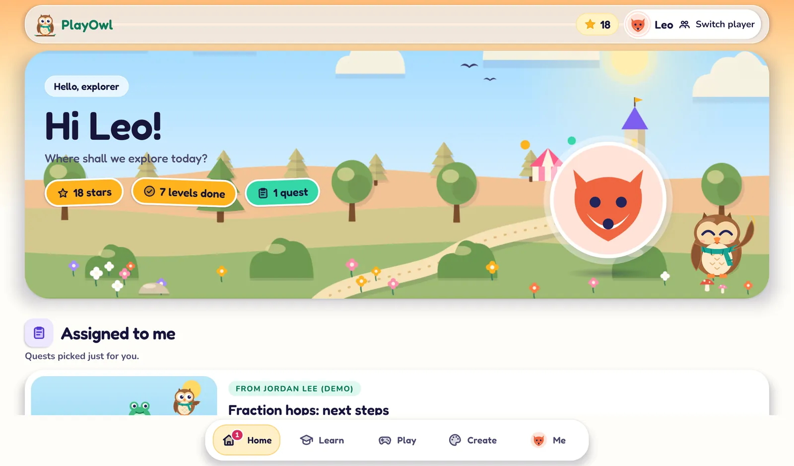 PlayOwl on an Android tablet in landscape showing Leo's home: a wide meadow banner reading "Hi Leo! Where shall we explore today?" with stars, levels and quest badges, his fox avatar and Olly, Assigned to me below, and a centred tab bar.