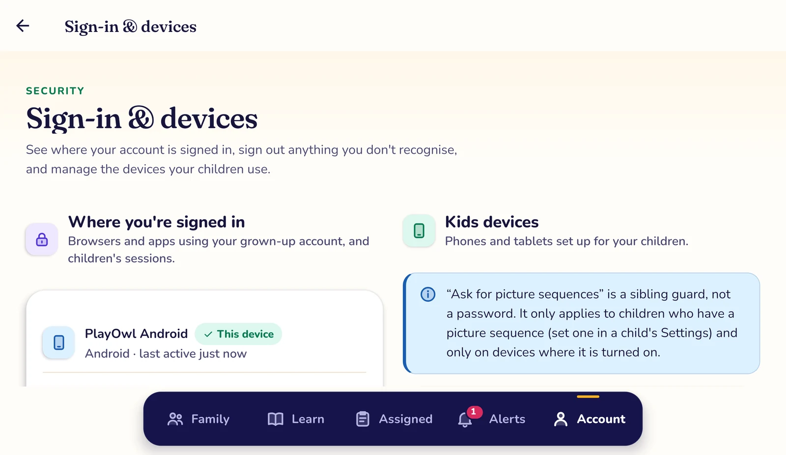 Sign-in & devices in the PlayOwl app on an Android tablet: where the grown-up account is signed in (this Android device, active just now) and the Kids devices section, with a note that picture sequences are a sibling guard, not a password.