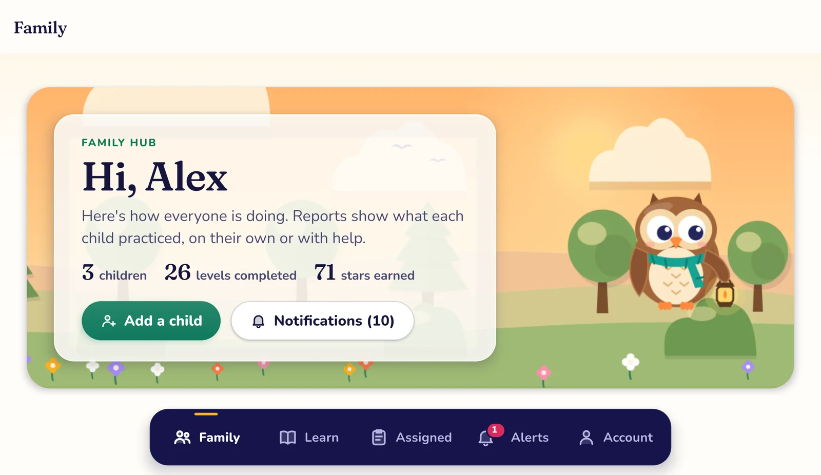 The PlayOwl app on an Android tablet: the grown-up Family hub, "Hi, Alex" with 3 children, 26 levels completed and 71 stars earned, Add a child and Notifications buttons, and a Family, Learn, Assigned, Alerts and Account tab bar.