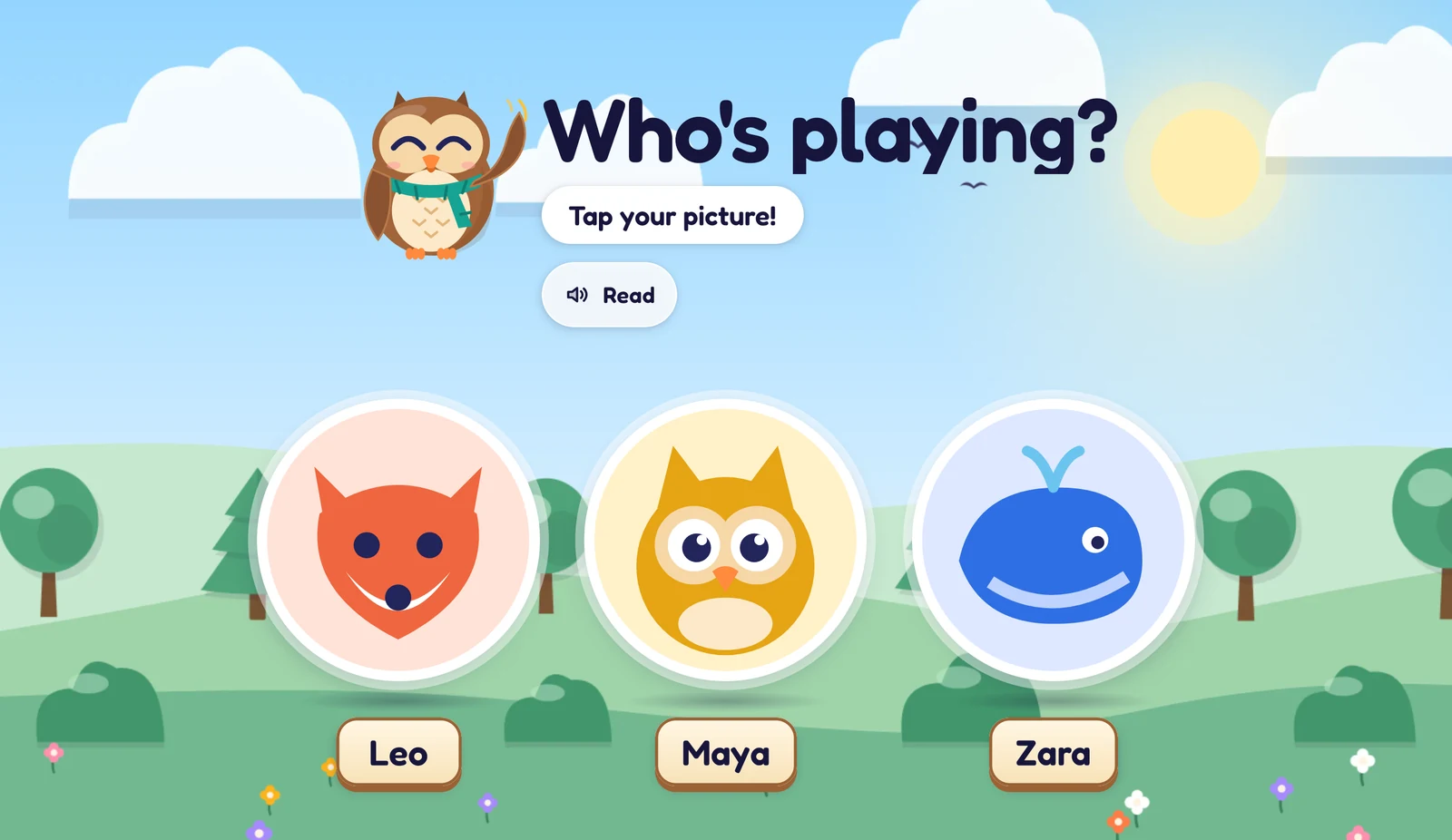 The PlayOwl app on an Android tablet set up for a family: "Who's playing? Tap your picture!" with Olly, a Read button and big picture buttons for Leo (fox), Maya (owl) and Zara (whale).