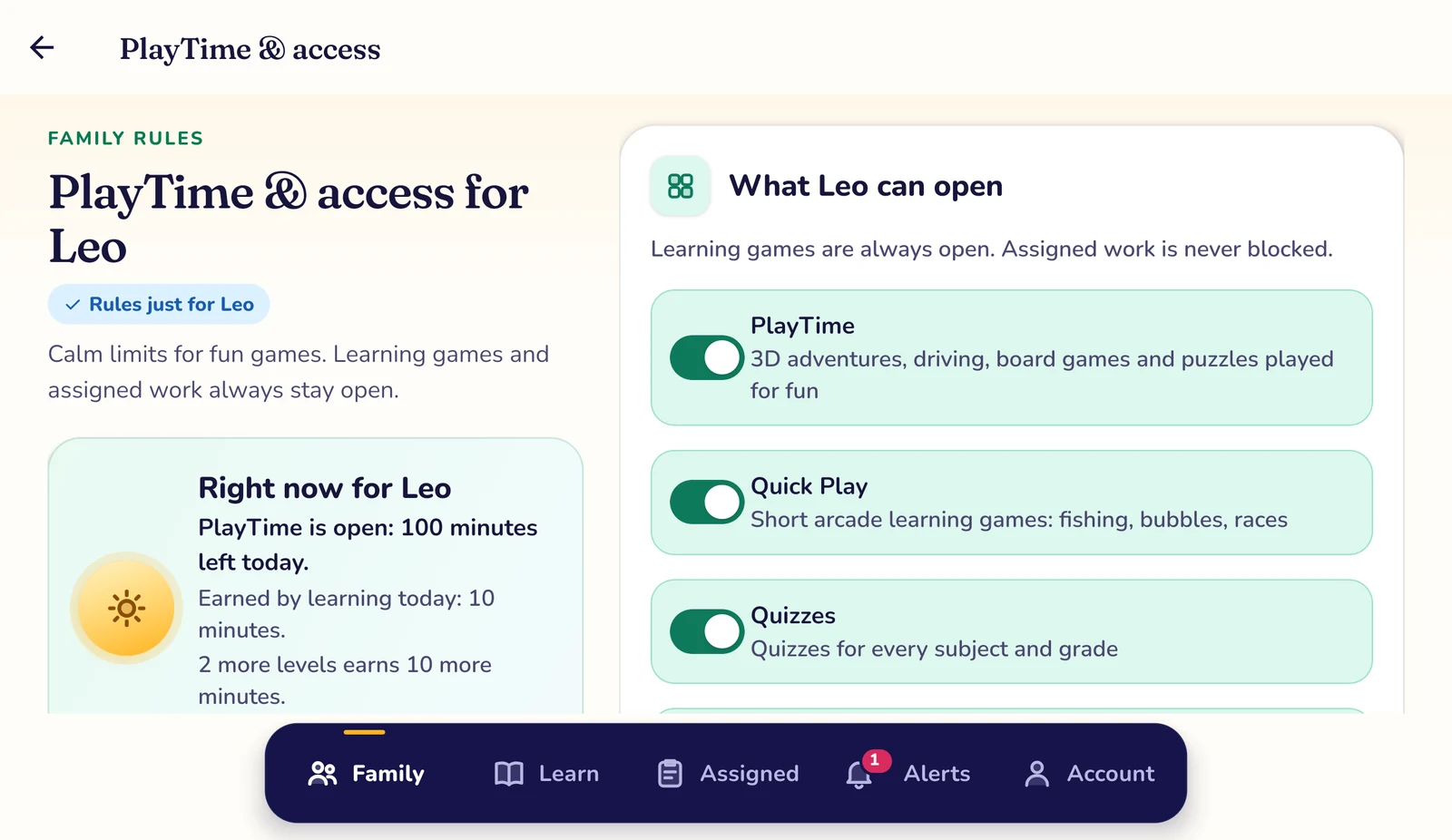PlayTime & access for Leo in the PlayOwl app on an Android tablet: rules just for Leo, "Right now for Leo: PlayTime is open, 100 minutes left today", minutes earned by learning, and switches for PlayTime, Quick Play and Quizzes.
