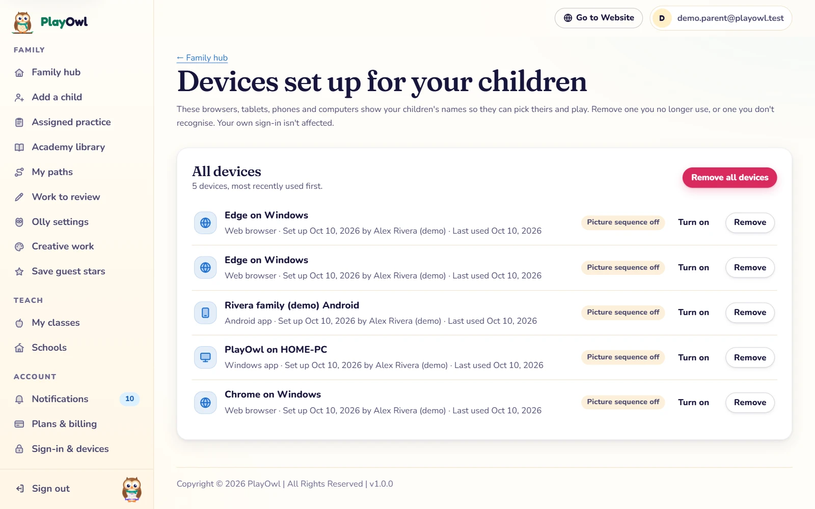 Devices set up for your children on the web: five devices, most recently used first, including Edge and Chrome browsers, the Rivera family Android app and PlayOwl on a Windows PC, each with a Remove button, plus a Remove all devices button.