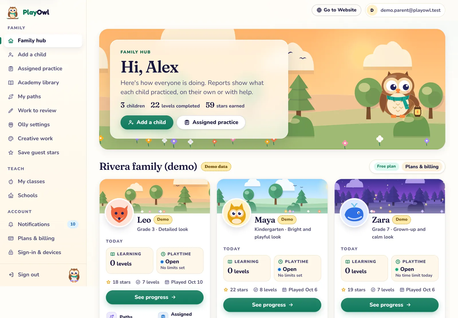 The PlayOwl family hub on the web: "Hi, Alex" with 3 children, 22 levels completed and 59 stars earned, Add a child and Assigned practice buttons, and cards for Leo, Maya and Zara showing today's learning and PlayTime.