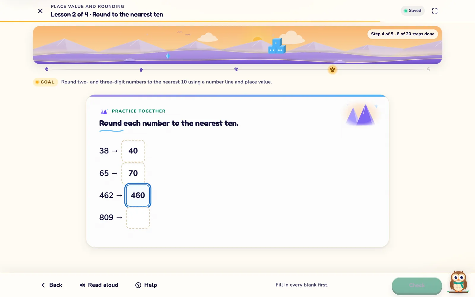 An Academy lesson on the web, "Round to the nearest ten" (Lesson 2 of 4): a practice step where 38 becomes 40, 65 becomes 70 and 462 becomes 460, with Back, Read aloud, Help and Check buttons.