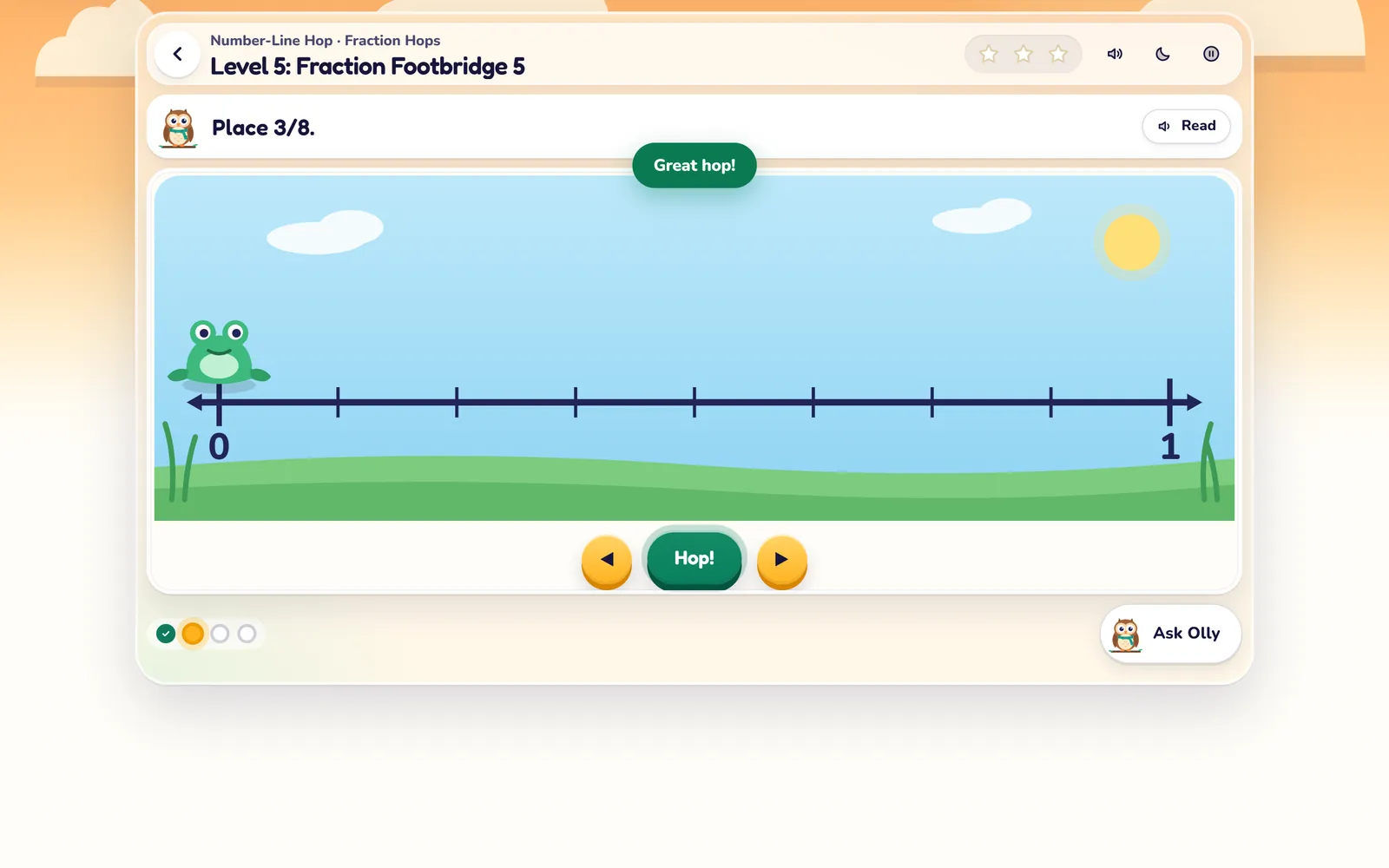 Number-Line Hop on the web, Level 5: Fraction Footbridge. The task says "Place 3/8" and a frog waits at 0 on a number line split into eighths, with Hop and arrow buttons, a Read button and Ask Olly.