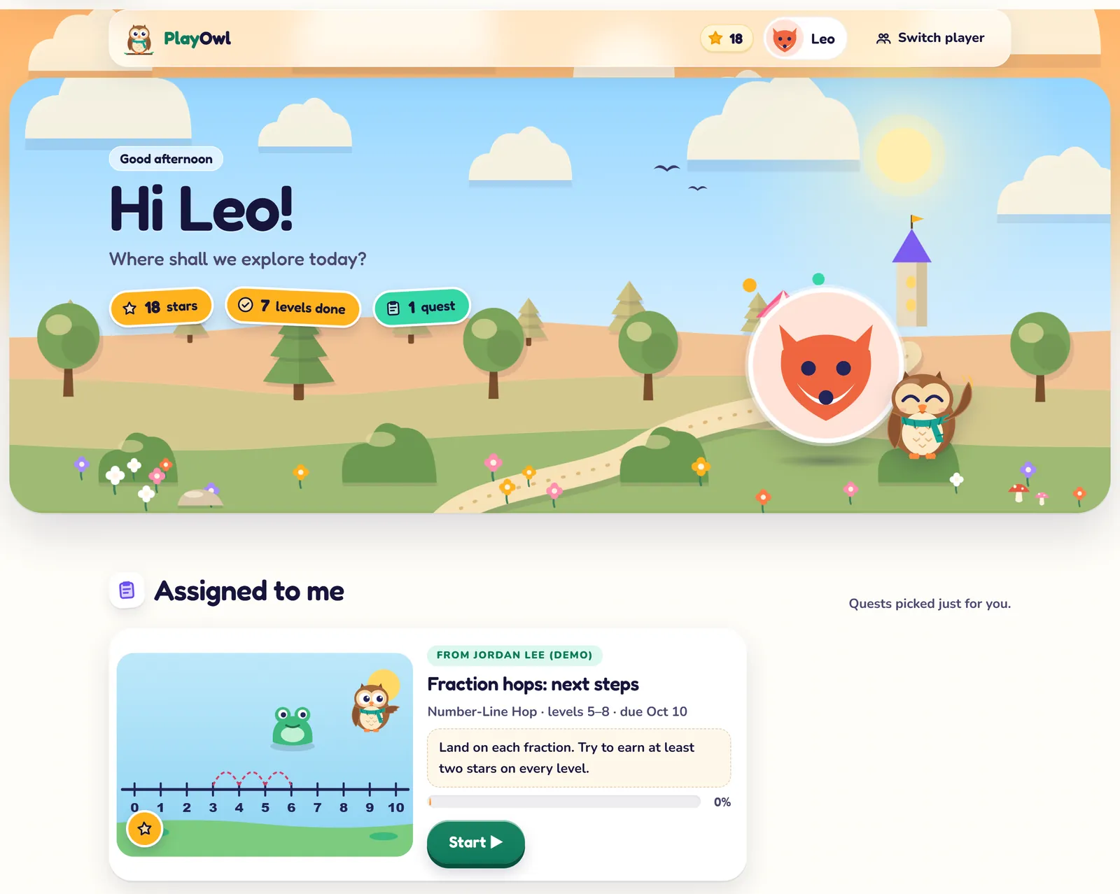 Leo's home screen on the web: "Hi Leo! Where shall we explore today?" with 18 stars, 7 levels done and 1 quest, his fox avatar and Olly in a meadow, and below it an assignment from Jordan Lee (demo), "Fraction hops: next steps", with a Start button.