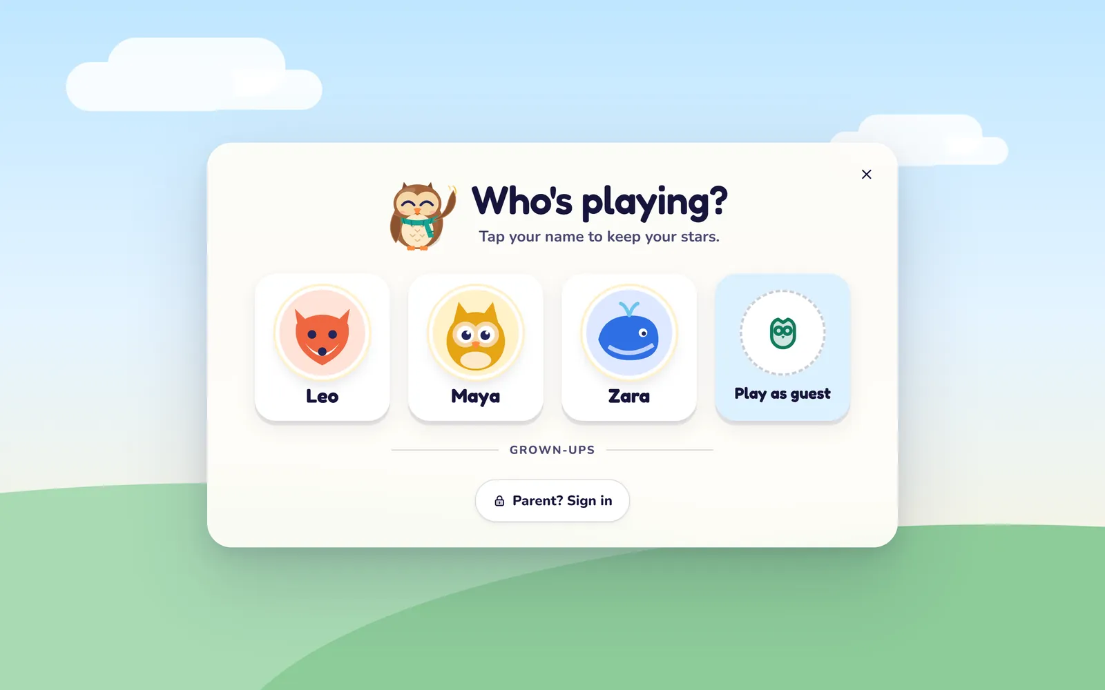 The "Who's playing?" picker on the PlayOwl website: Olly waves above picture buttons for Leo (fox), Maya (owl) and Zara (whale), a Play as guest button and a "Parent? Sign in" button.