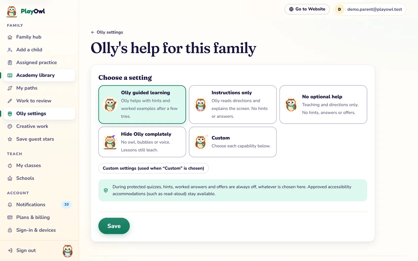 Olly's help for this family on the web: choices for Olly guided learning, Instructions only, No optional help, Hide Olly completely and Custom, with a note that hints are always off during protected quizzes.