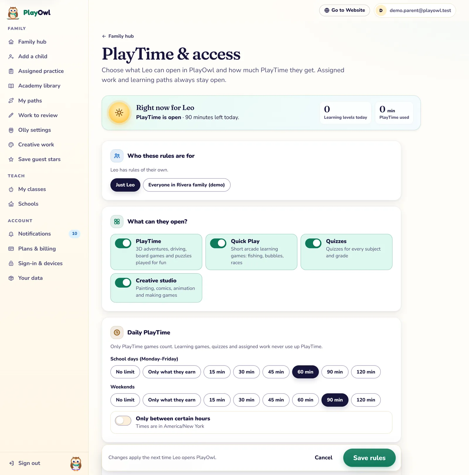 PlayTime & access for Leo on the web: PlayTime is open with 90 minutes left today, switches for PlayTime, Quick Play, Quizzes and Creative studio, and daily limits of 60 minutes on school days and 90 on weekends.