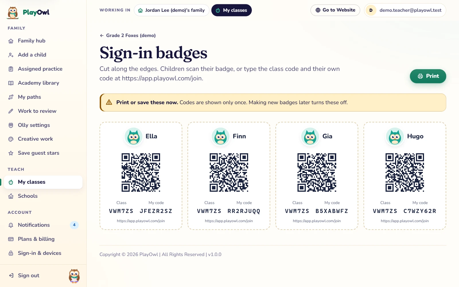Printable sign-in badges for Grade 2 Foxes (demo) on the web: cards for Ella, Finn, Gia and Hugo, each with a QR code, the class code and their own code to type on any shared device, and a Print button.