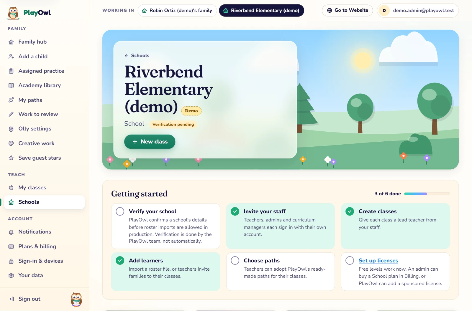 The Riverbend Elementary (demo) school dashboard on the web: a New class button and a Getting started checklist, 3 of 6 done (staff invited, classes created, learners added), with verifying the school, choosing paths and setting up licenses still to do.