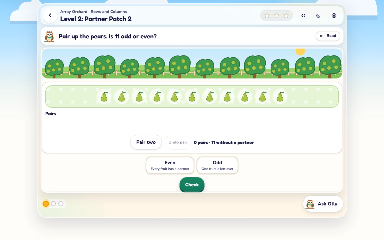 Array Orchard on the web, Level 2: Partner Patch 2, from the class assignment. The task says "Pair up the pears. Is 11 odd or even?" with eleven pears to pair, Pair two, Even, Odd and Check buttons, a Read button and Ask Olly.