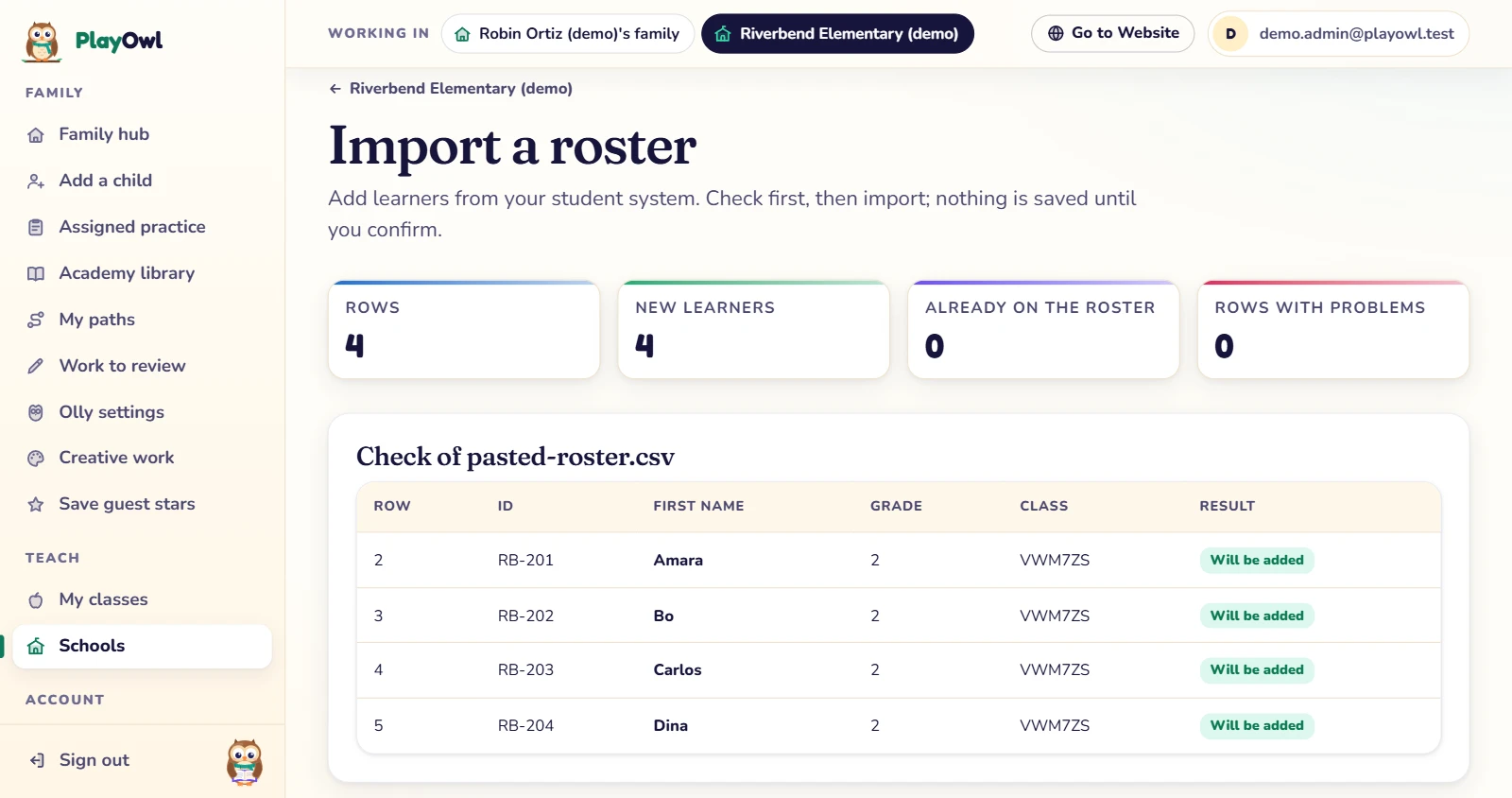 Import a roster on the web, after "Check the file": 4 rows, 4 new learners, none already on the roster and no problems; a table of school IDs, first names, grade 2 and the class code, each row marked "Will be added". Nothing is saved until the import is confirmed.