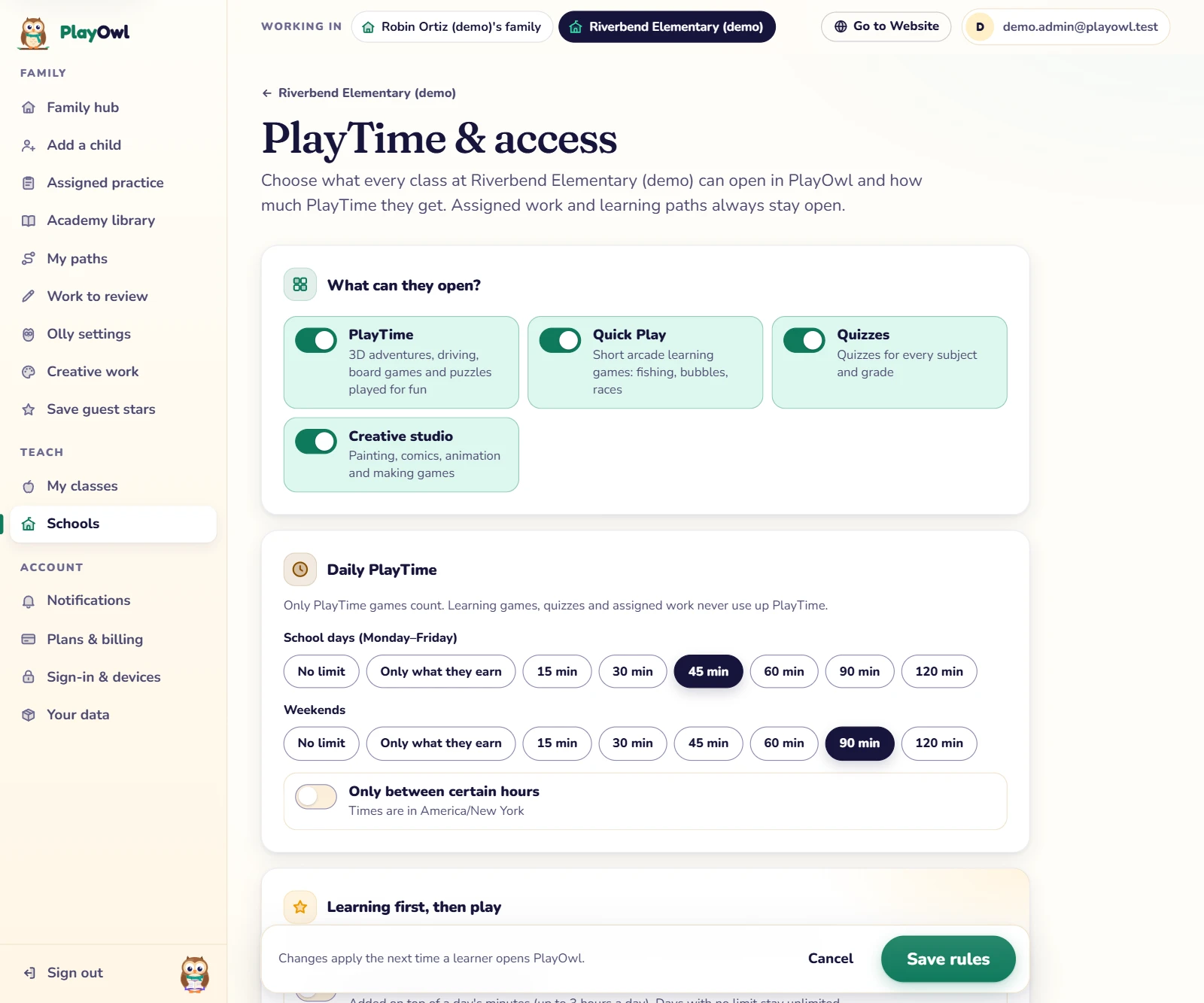 PlayTime & access for every class at Riverbend Elementary (demo) on the web: switches for PlayTime, Quick Play, Quizzes and Creative studio, daily PlayTime of 45 minutes on school days and 90 at weekends, an Only between certain hours switch, and a Save rules bar.