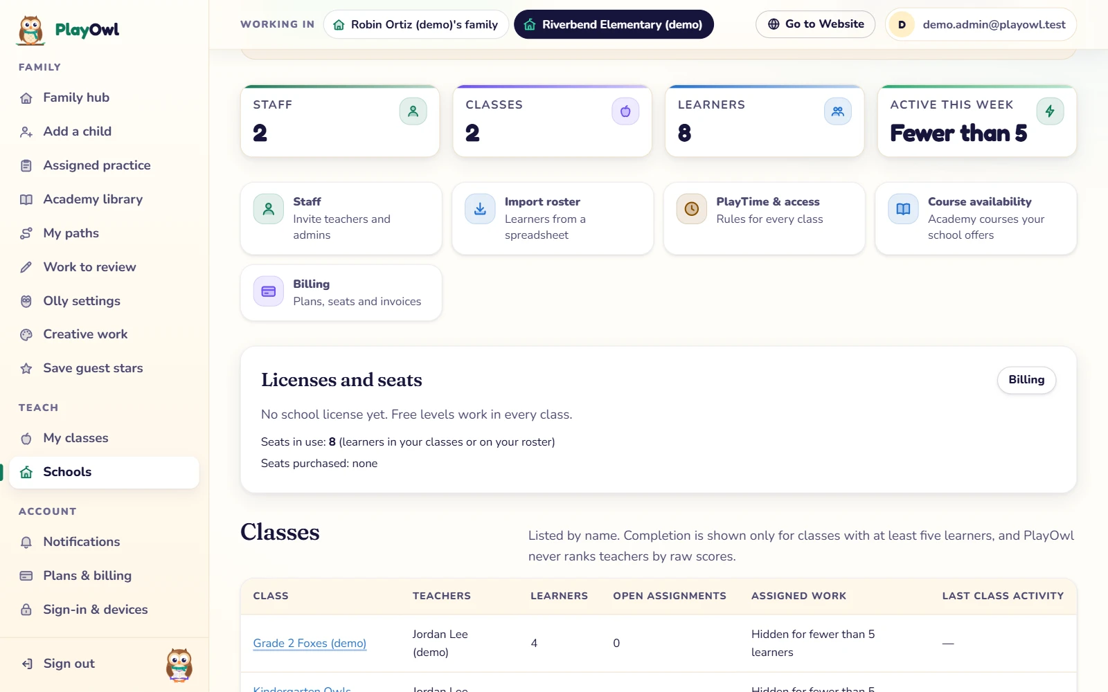 A school dashboard on the web: 2 staff, 2 classes, 8 learners and fewer than 5 active this week, links to Staff, Import roster, PlayTime & access, Course availability and Billing, and the Licenses and seats panel: no license yet, 8 seats in use, none purchased.