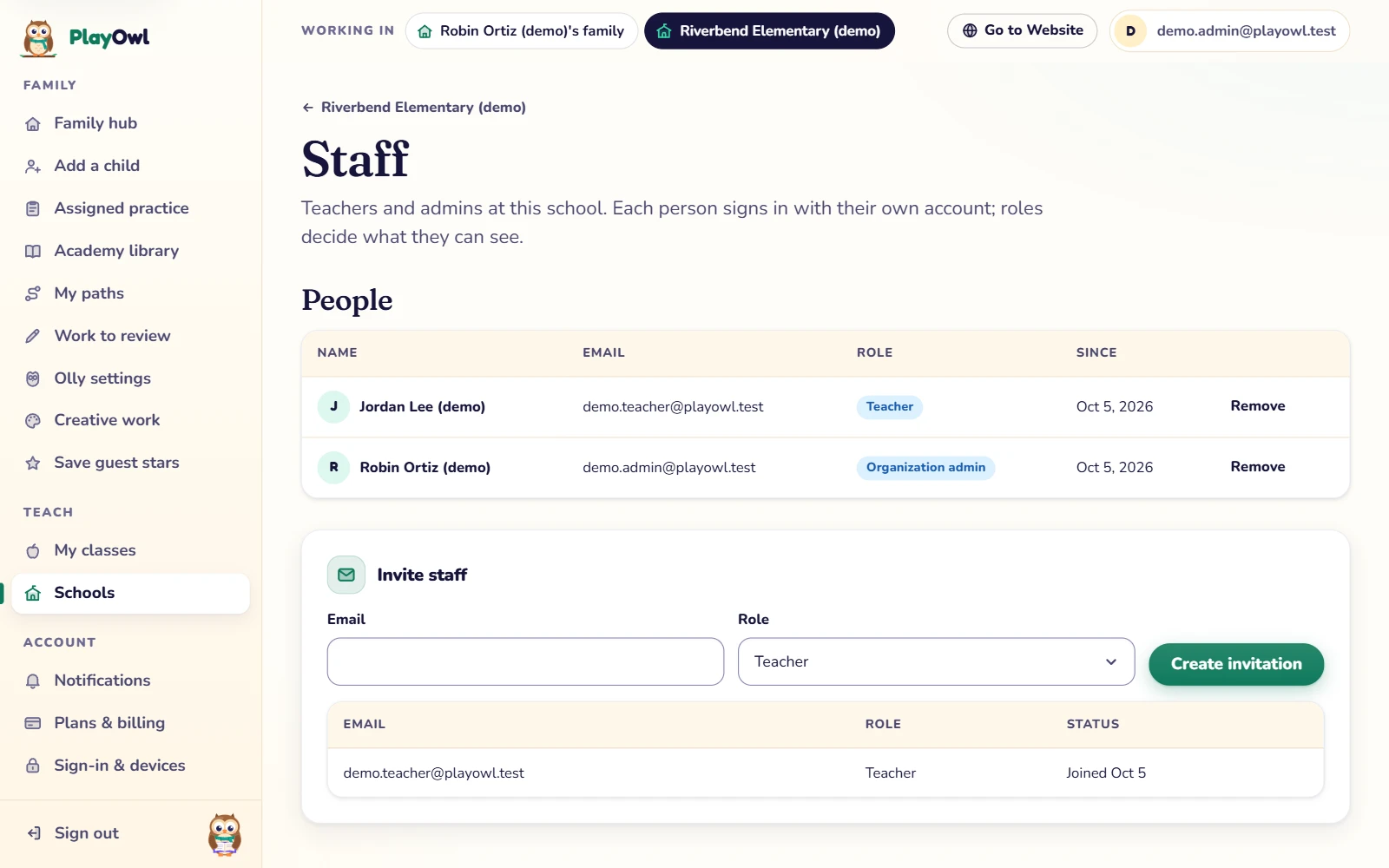 The Staff page of Riverbend Elementary (demo) on the web: Jordan Lee (demo) as a teacher and Robin Ortiz (demo) as the school admin, each with a Remove button, and an Invite staff form with an email field and a role menu.