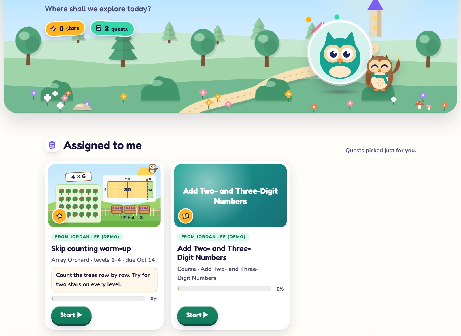 A school student's home screen on the web after signing in with a class badge: 2 quests, and under Assigned to me the class game Skip counting warm-up (Array Orchard, levels 1 to 4, with a due date and the teacher's note) and the course Add Two- and Three-Digit Numbers, each with a Start button.