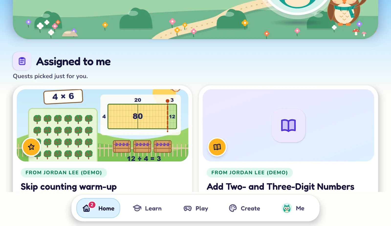 A student's home in the PlayOwl app on an Android tablet after a class badge sign-in: Assigned to me shows the game Skip counting warm-up and the course Add Two- and Three-Digit Numbers, both from Jordan Lee (demo), above a Home, Learn, Play, Create and Me tab bar.