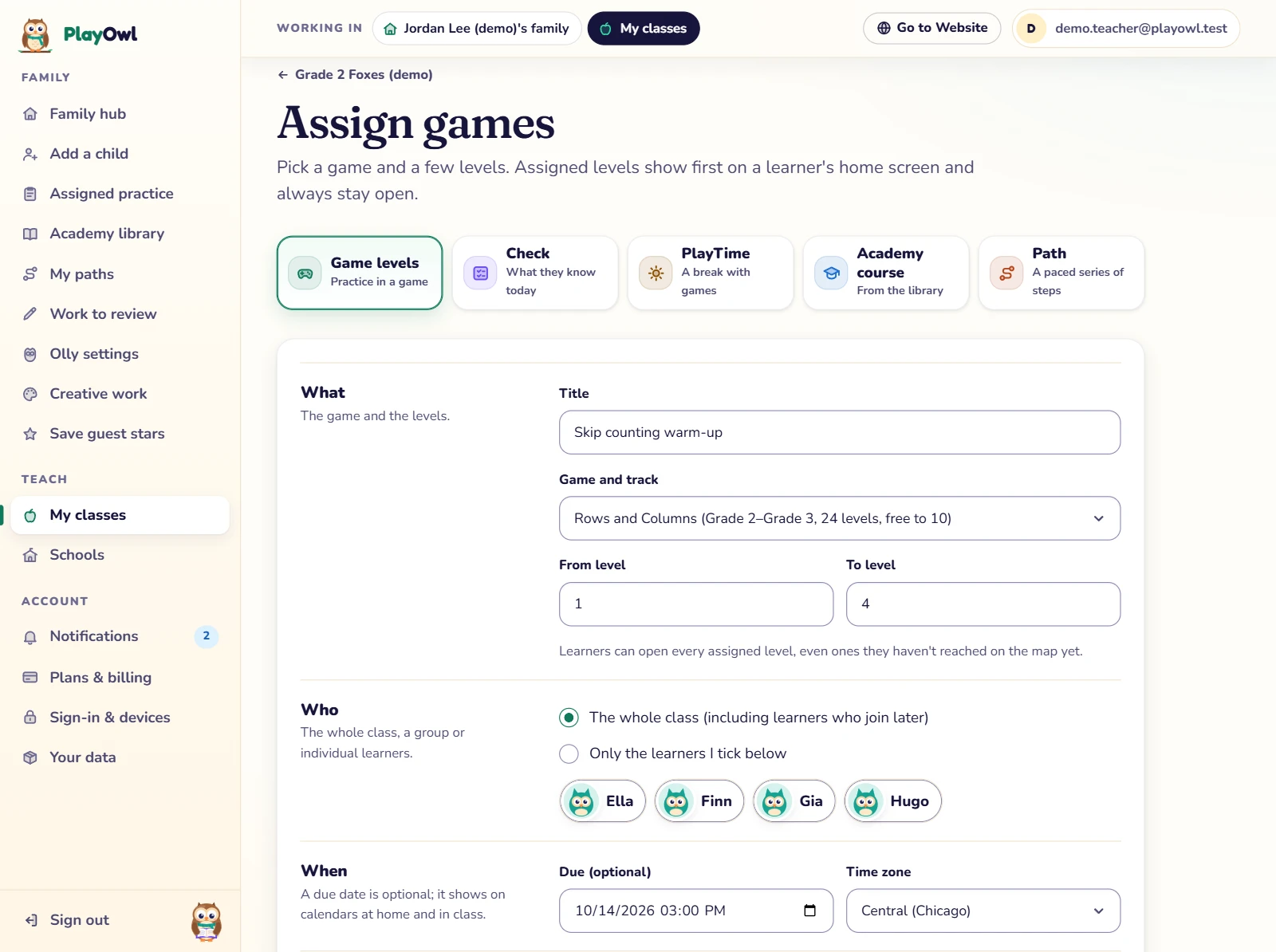 Assign games for Grade 2 Foxes (demo) on the web: Game levels chosen over Check, PlayTime, Academy course and Path; the title "Skip counting warm-up", the game Rows and Columns, levels 1 to 4, the whole class (Ella, Finn, Gia and Hugo) and a due date filled in.