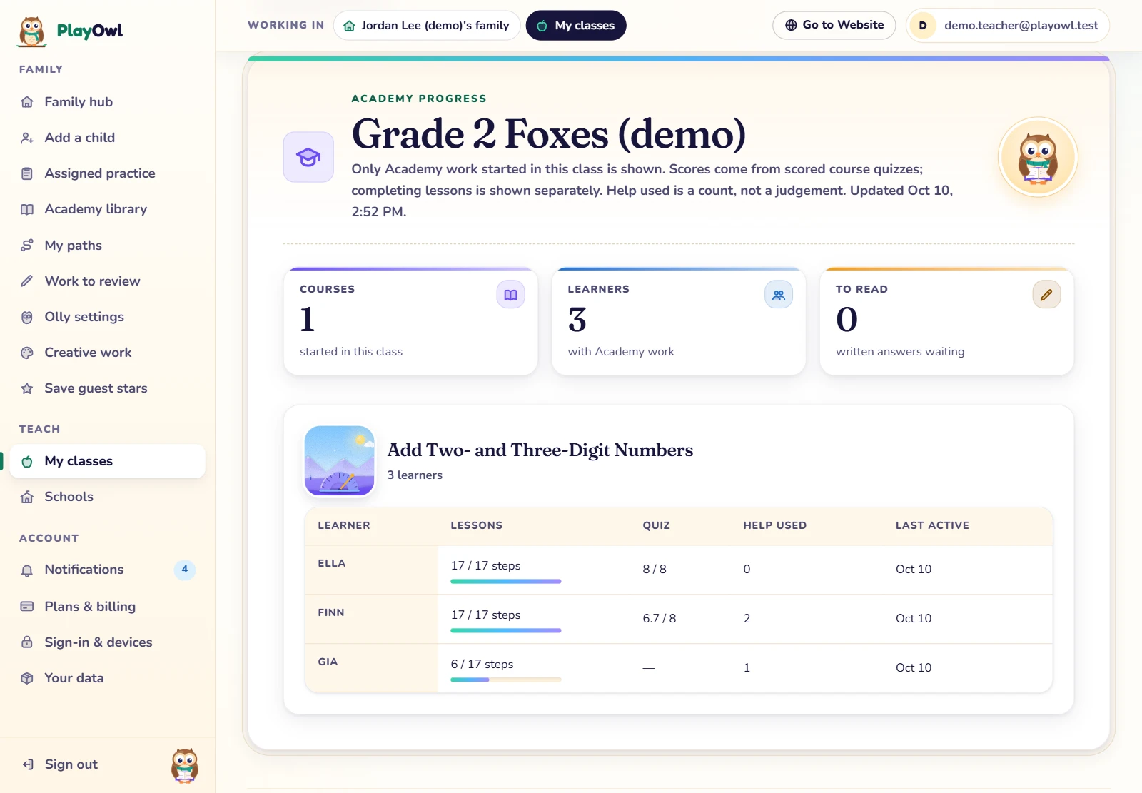 The Academy progress report for Grade 2 Foxes (demo) on the web: 1 course started and 3 learners with Academy work. For Add Two- and Three-Digit Numbers, Ella finished 17 of 17 steps with 8 of 8 on the quiz and no help, Finn 17 of 17 with 6.7 of 8 and help used twice, and Gia 6 of 17 steps so far.