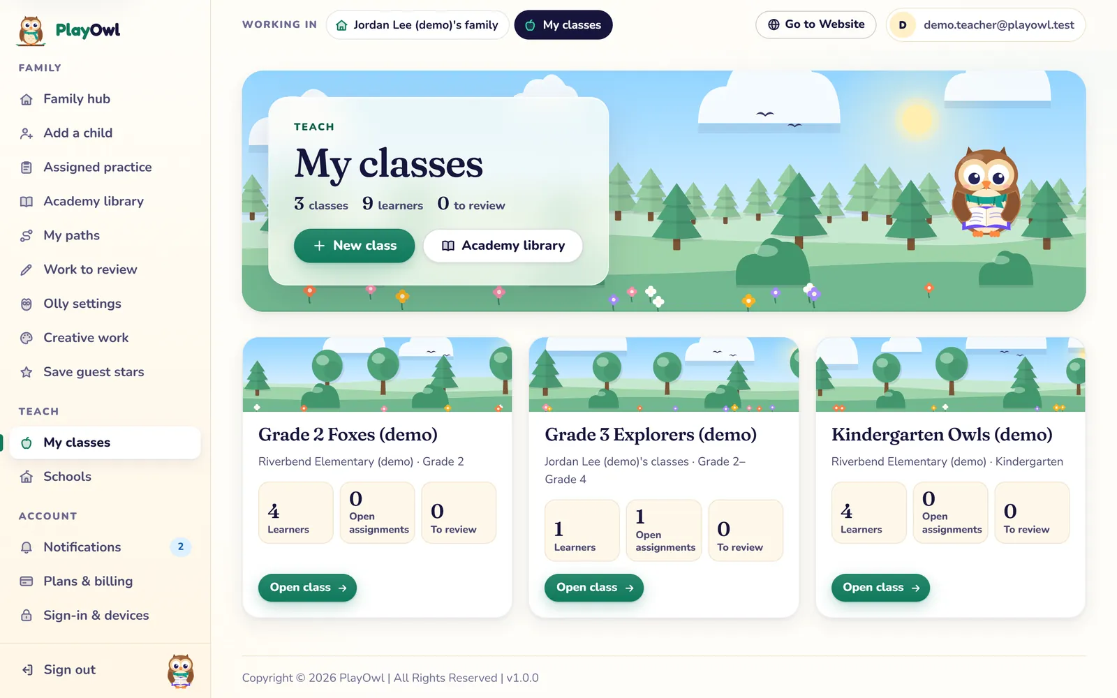 My classes on the web for a teacher: 3 classes and 9 learners, New class and Academy library buttons, and cards for Grade 2 Foxes, Grade 3 Explorers and Kindergarten Owls showing learners, open assignments and work to review.