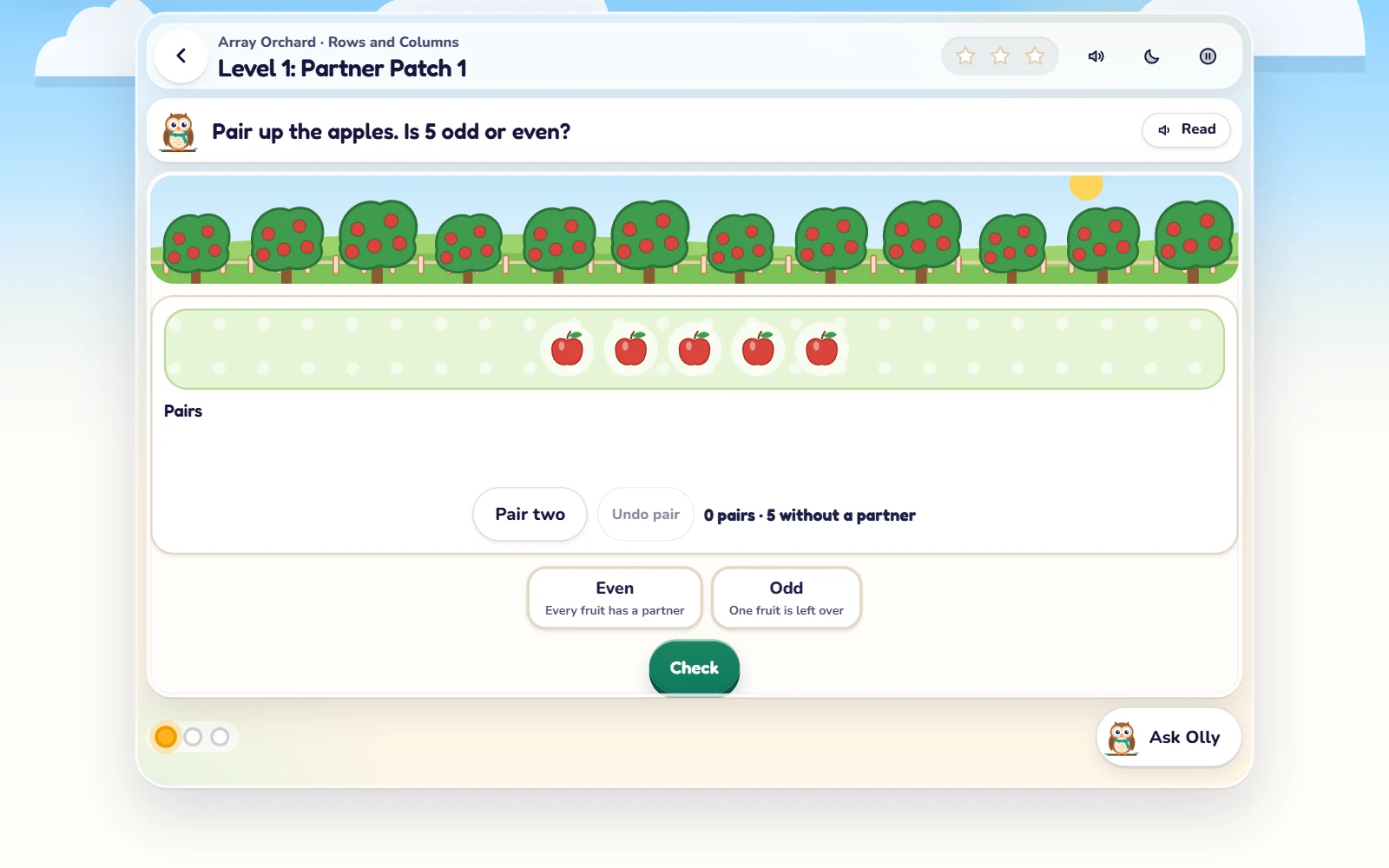 Array Orchard on the web, Level 1: Partner Patch 1, assigned by the teacher. The task says "Pair up the apples. Is 5 odd or even?" with five apples to pair, Pair two, Even, Odd and Check buttons, a Read button and Ask Olly.