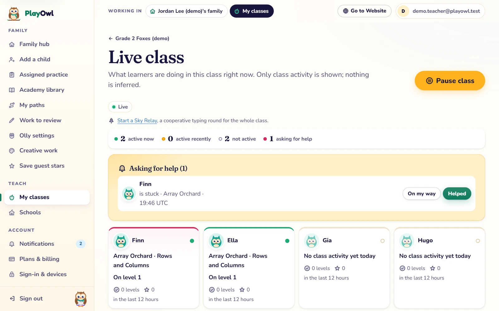 The live class view for Grade 2 Foxes (demo) on the web: 2 learners active now, 2 not active and 1 asking for help; Finn is stuck in Array Orchard, with On my way and Helped buttons; cards show Finn and Ella on level 1 and Gia and Hugo with no class activity yet today; a Pause class button.