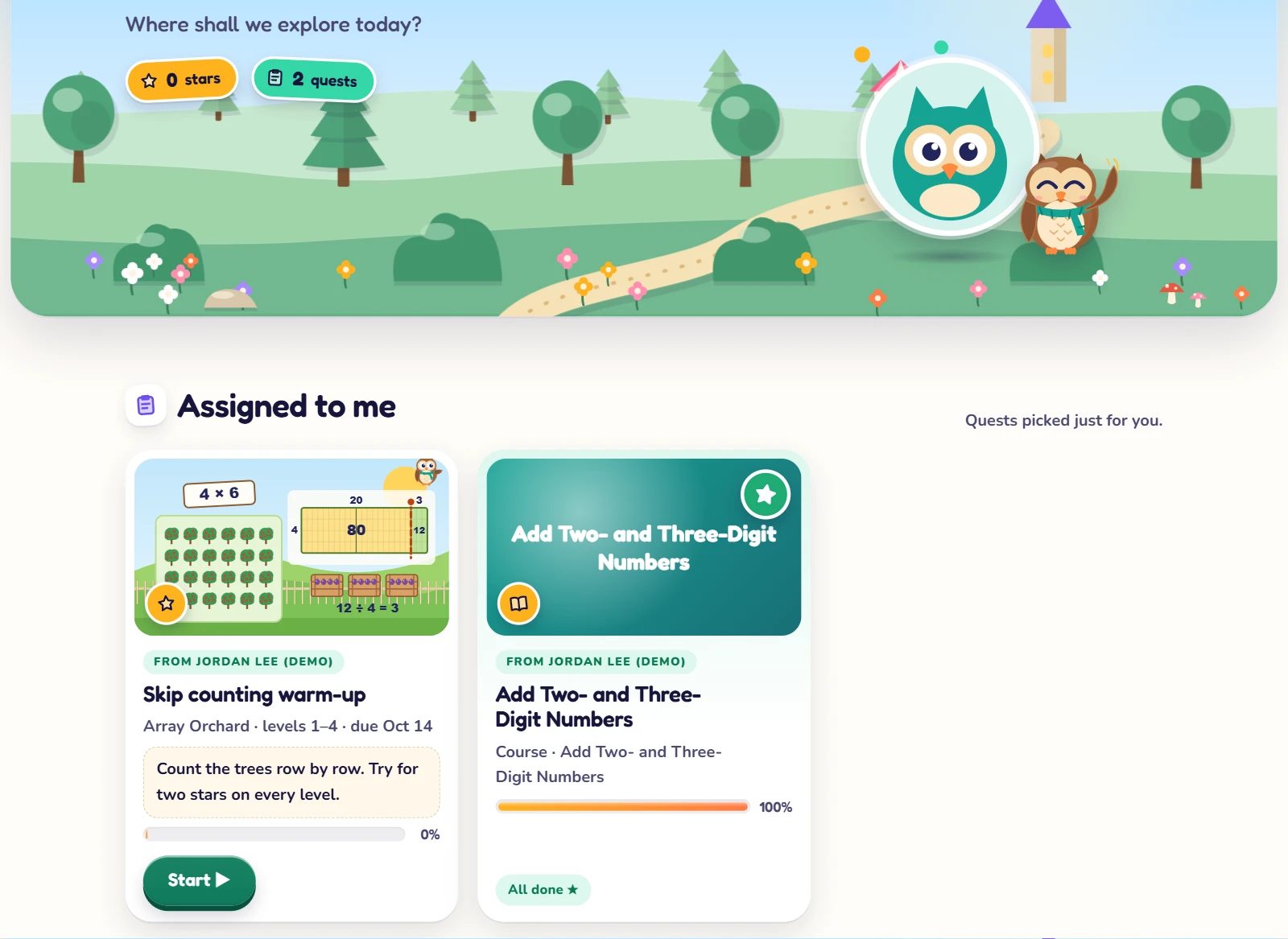 A student's home screen on the web after signing in with a class badge: 2 quests, and under Assigned to me two pieces of work from Jordan Lee (demo): the game Skip counting warm-up (Array Orchard, levels 1 to 4, with a due date, the teacher's note and a Start button) and the course Add Two- and Three-Digit Numbers, all done.