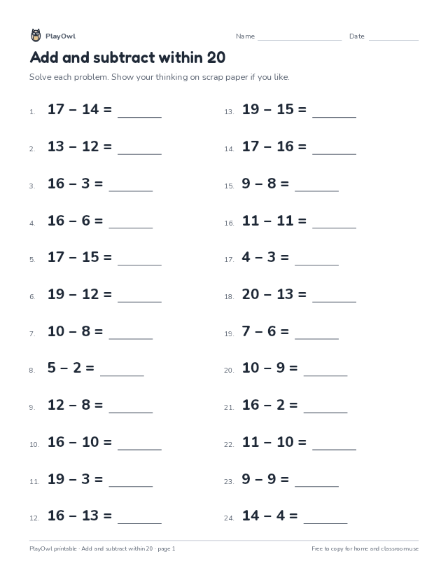 Add and subtract within 20: math worksheet for Grades 1–2, page 1 preview