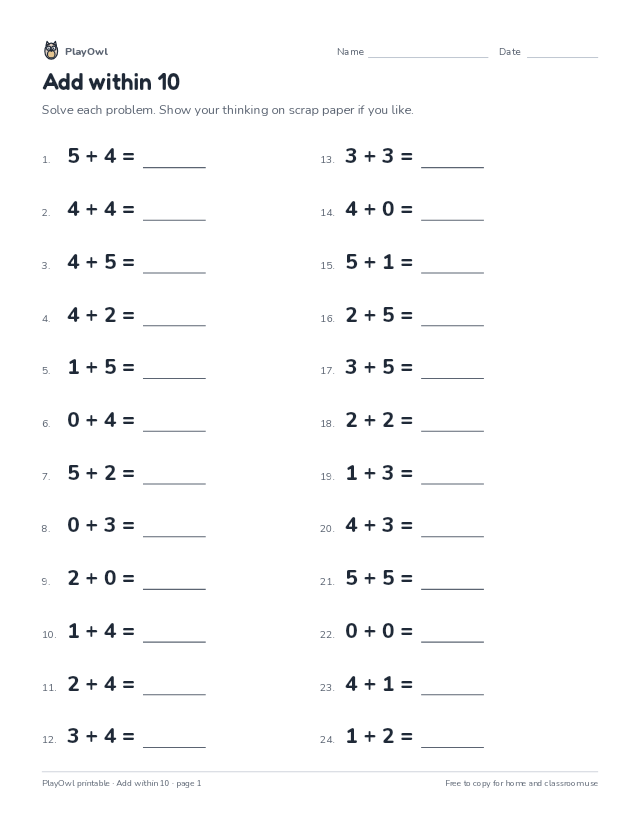 Add within 10: math worksheet for Kindergarten to Grade 1, page 1 preview