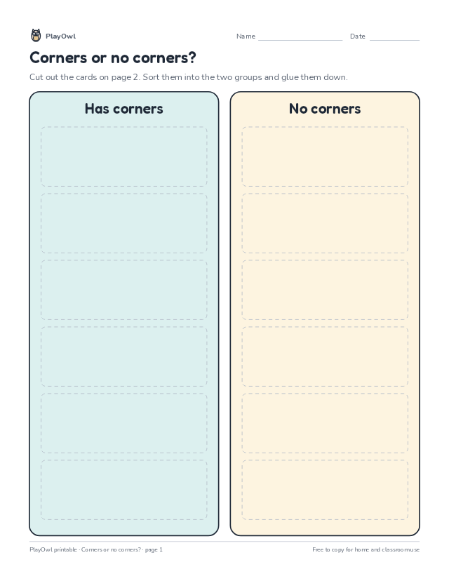 Corners or no corners?: cut-and-sort worksheet for Kindergarten to Grade 1, page 1 preview
