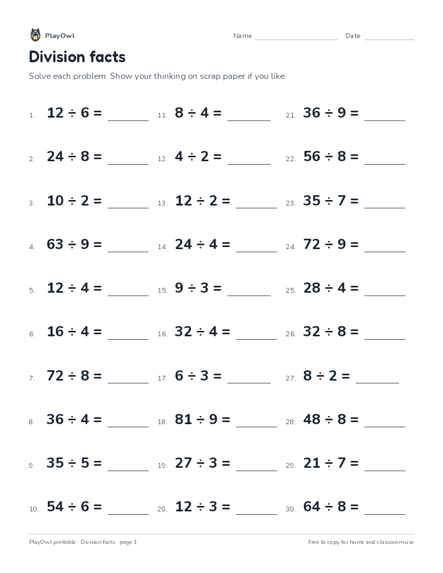Division facts: math worksheet for Grades 3–5, page 1 preview