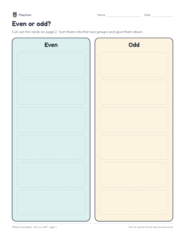 Even or odd?: cut-and-sort worksheet for Grades 1–2, page 1 preview