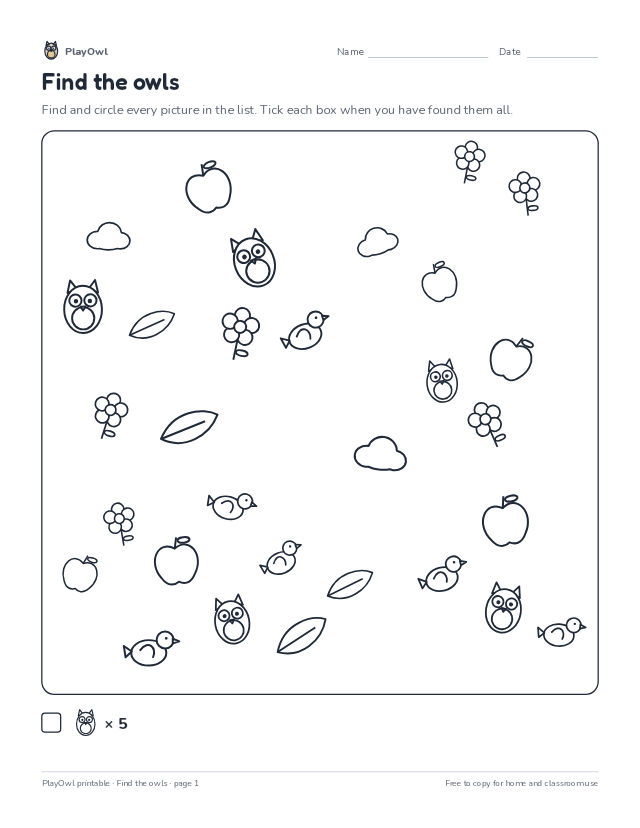 Find the owls: hidden picture puzzle for Preschool to Kindergarten, page 1 preview