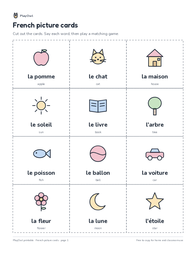 French picture cards: vocabulary worksheet for Kindergarten to Grade 5, page 1 preview