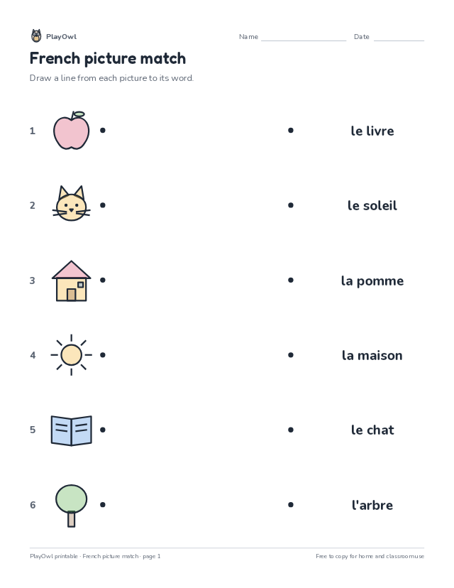 French picture match: vocabulary worksheet for Kindergarten to Grade 5, page 1 preview