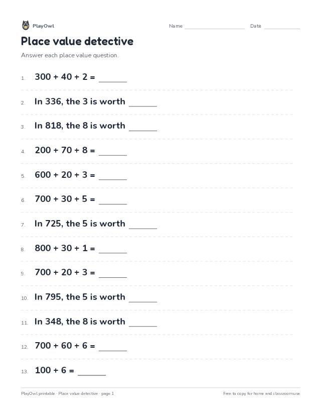 Example sheet from the generator: Place value detective
