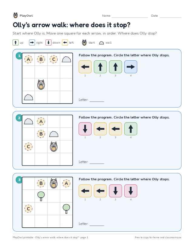 Olly's arrow walk: where does it stop?: coding puzzle for Grade 1, page 1 preview
