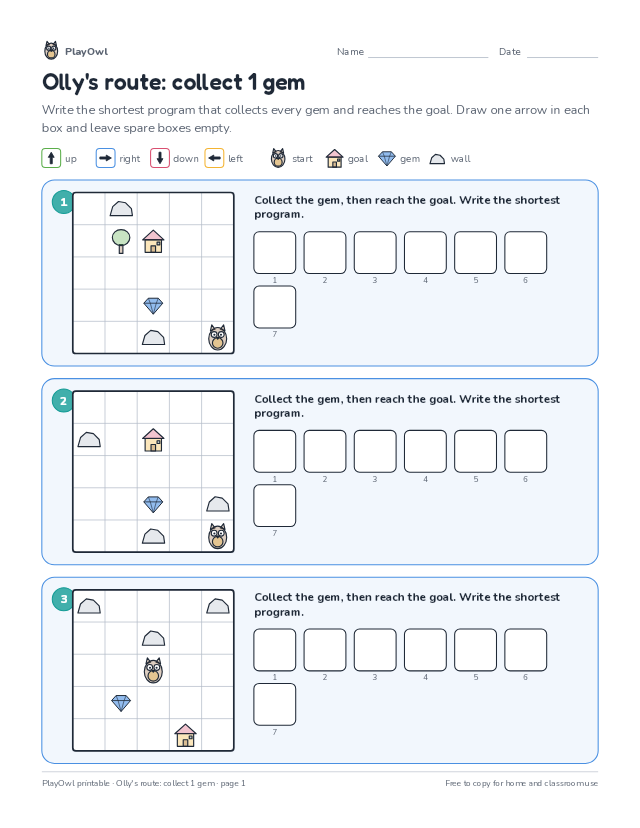 Olly's route: collect 1 gem: coding puzzle for Grade 1, page 1 preview
