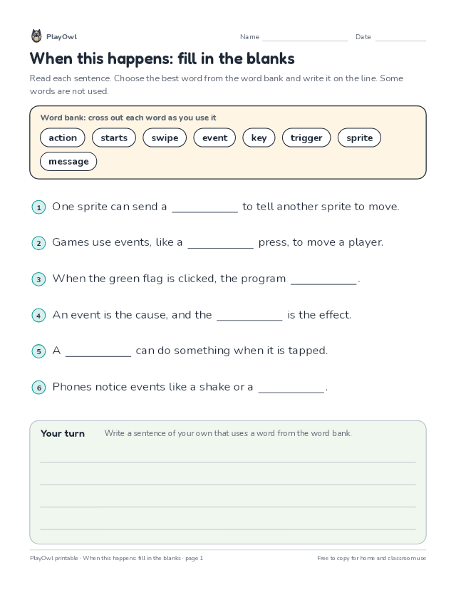 When this happens: fill in the blanks: fill-in-the-blank worksheet for Grade 1, page 1 preview