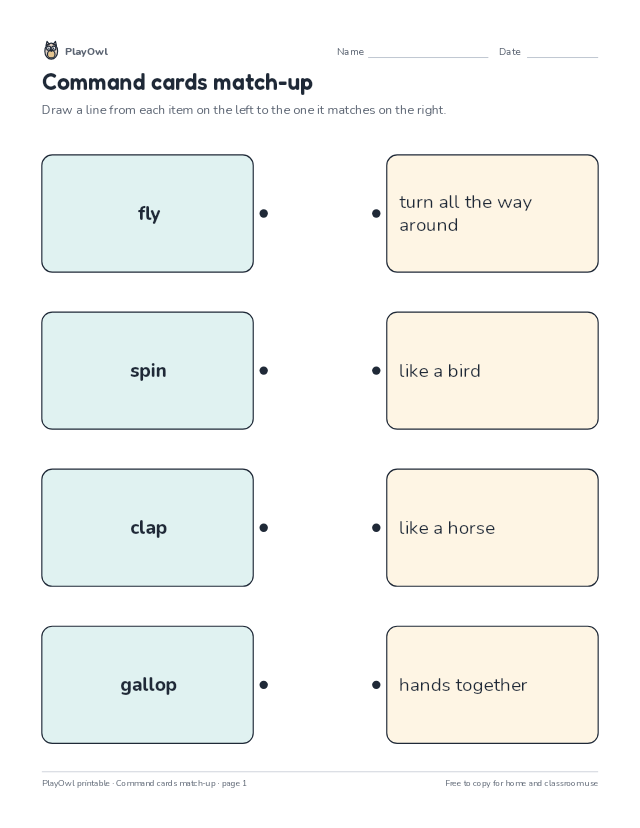 Command cards match-up: matching worksheet for Grade 1, page 1 preview