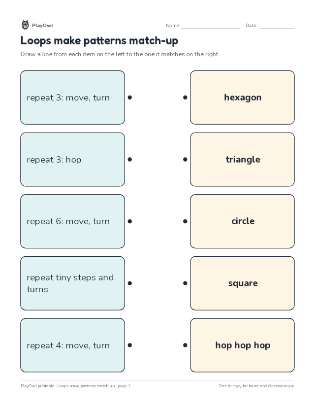 Loops make patterns match-up: matching worksheet for Grade 1, page 1 preview