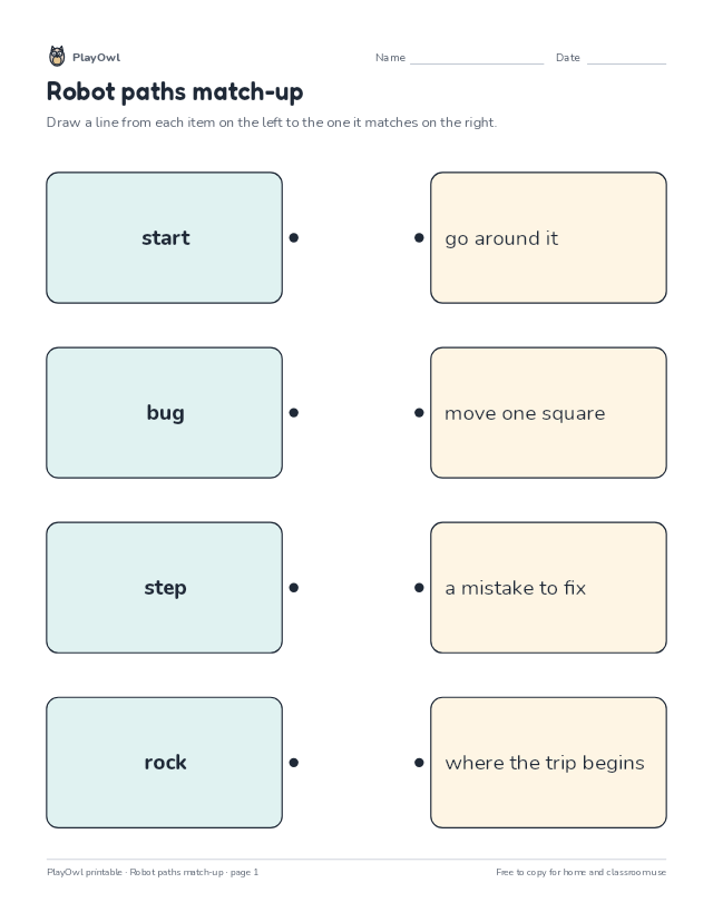 Robot paths match-up: matching worksheet for Grade 1, page 1 preview